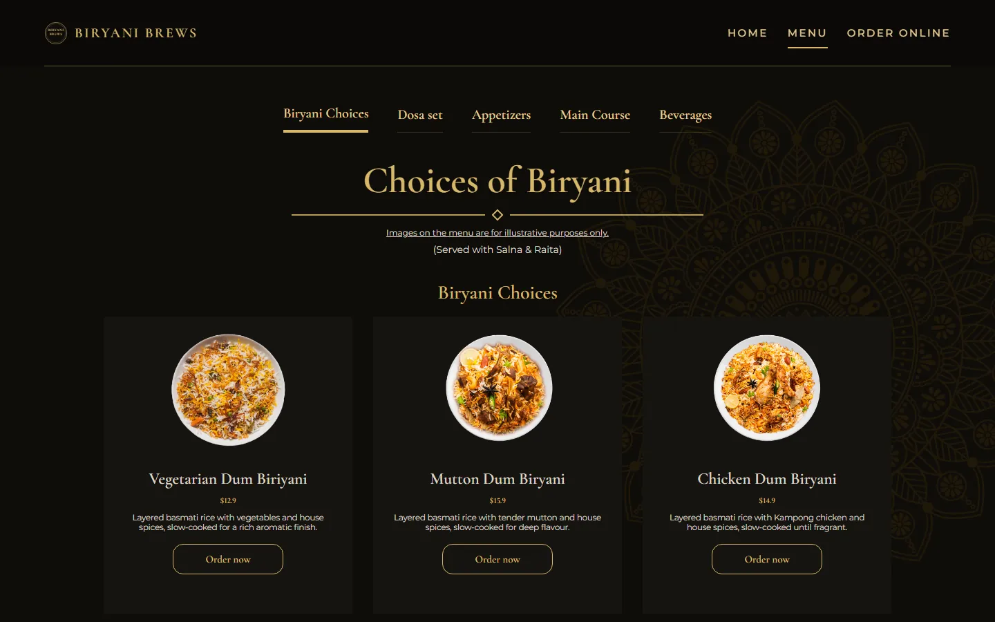 Biryani Brews menu page with biryani choices