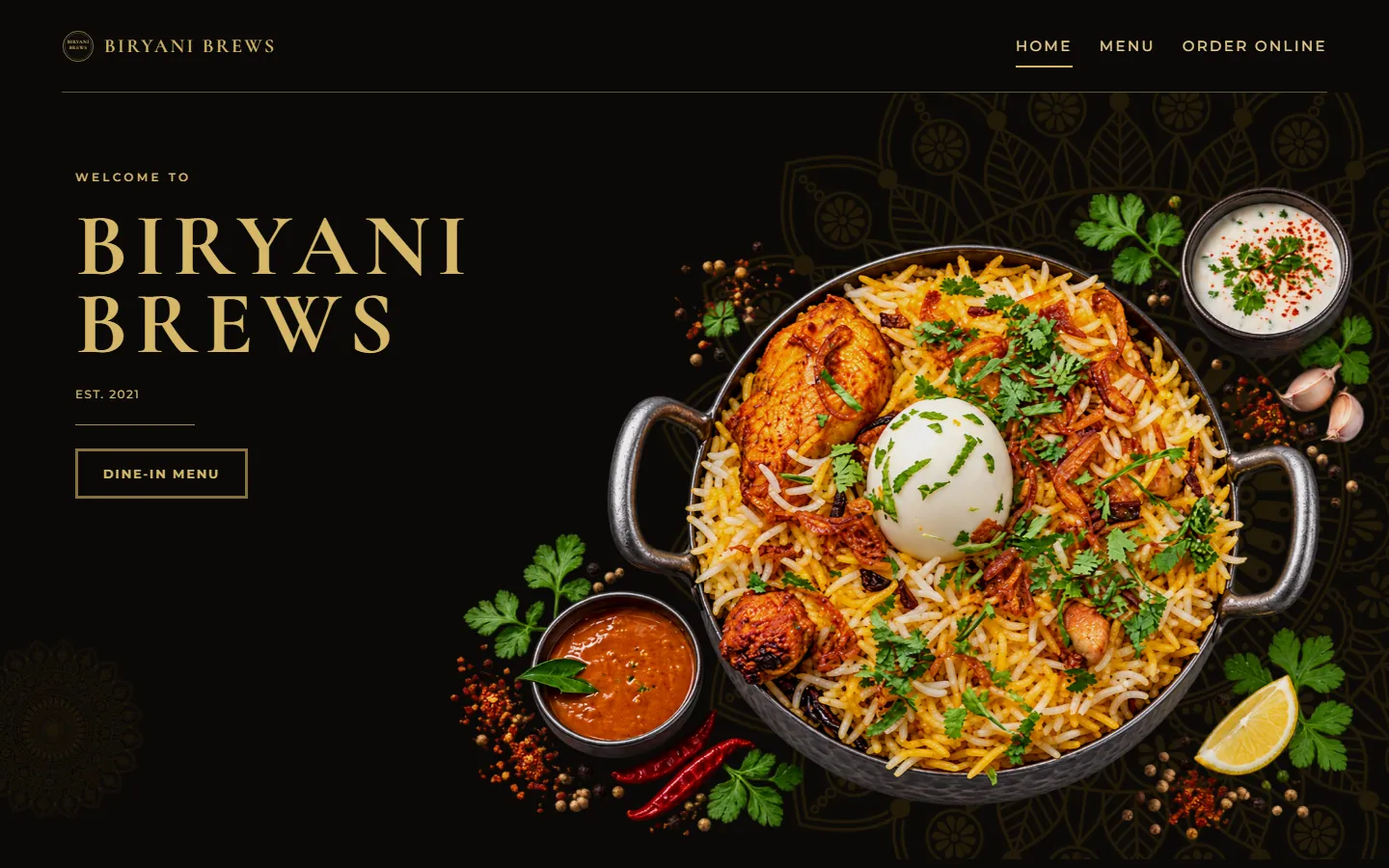 Biryani Brews homepage with a copper pot of dum biryani