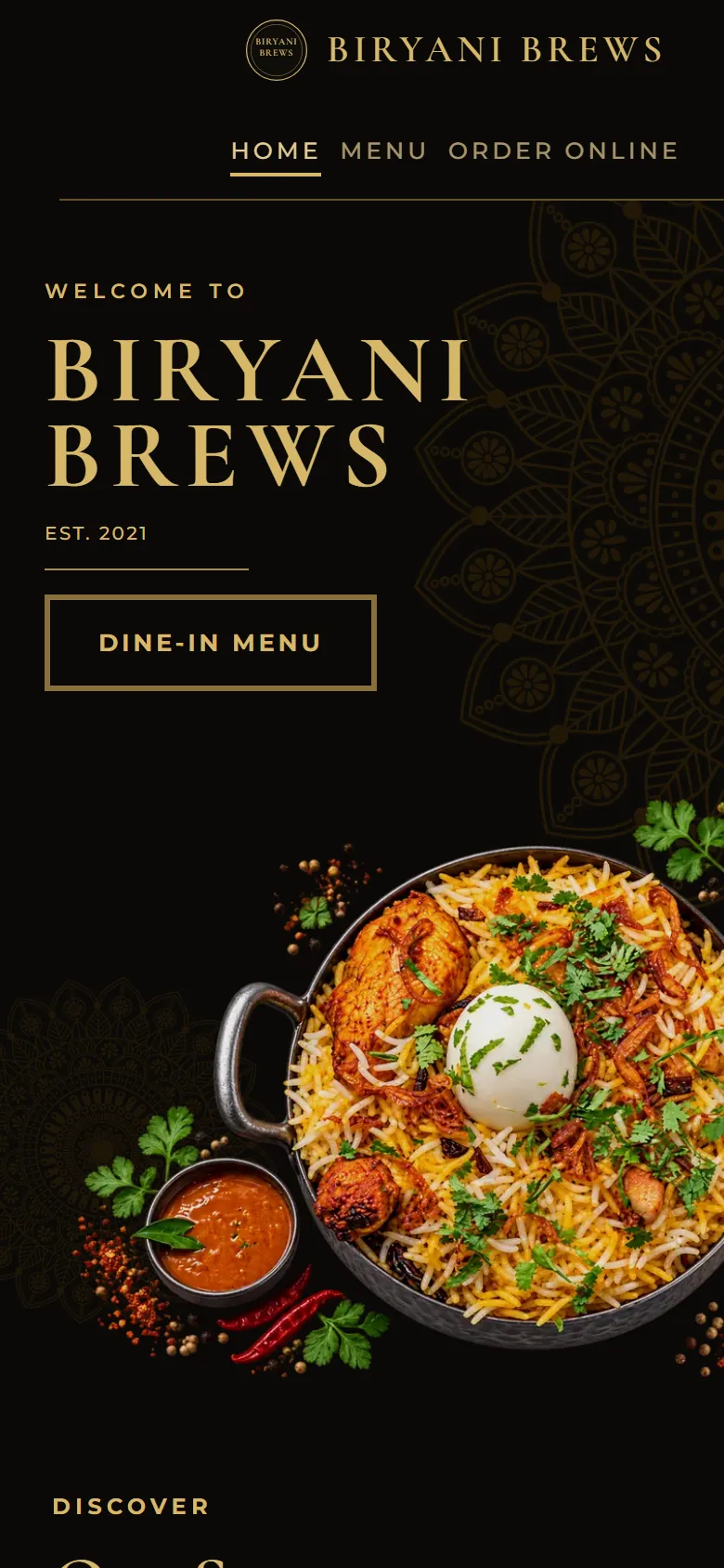 Biryani Brews homepage on a phone